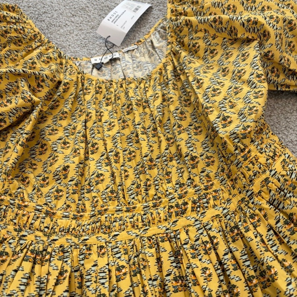 Rhode Anika Mini Dress Womens L Yellow Floral Puff Sleeve Peasant Boho Cottage - Picture 2 of 9
